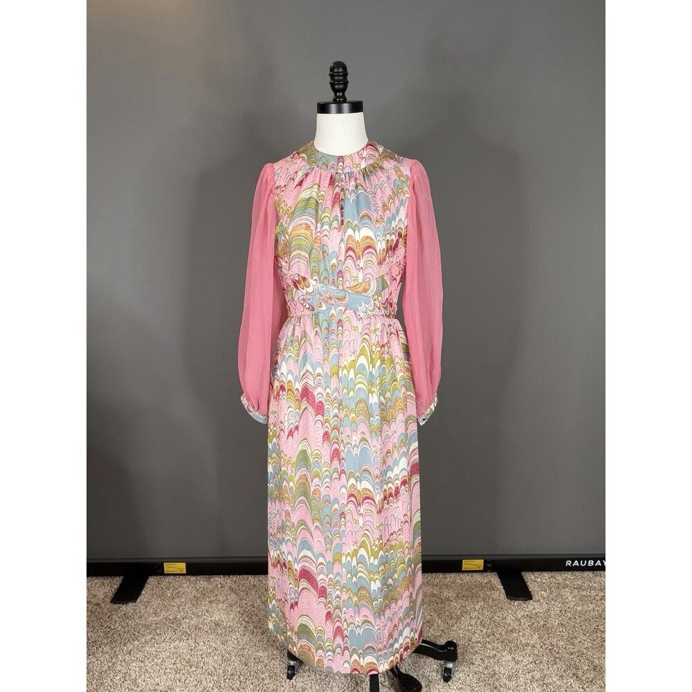 Leslie Fay Vtg 60s 70s Mesh Long Sleeve Psychedelic Marbled Pink Blue Maxi Dress